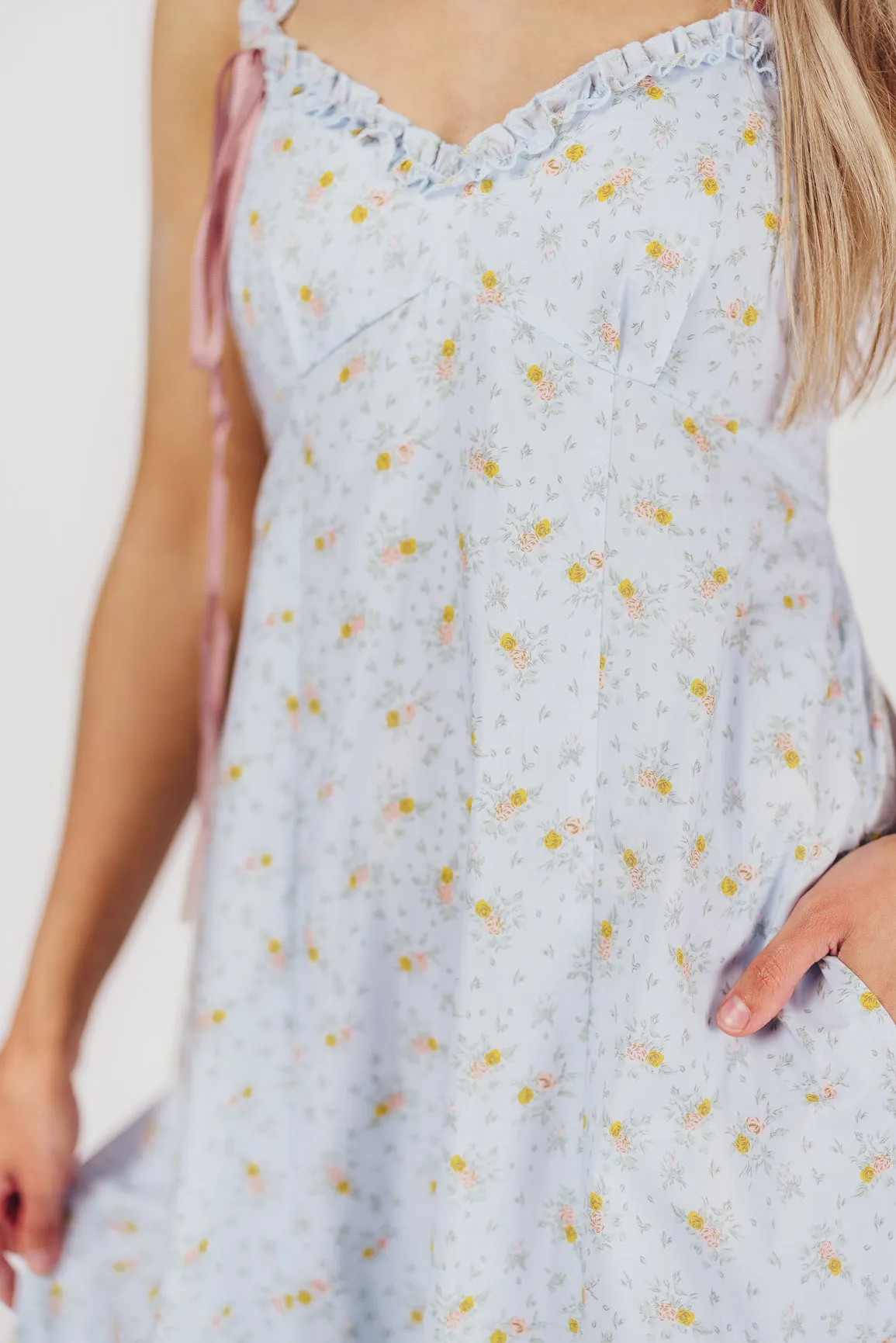 Penelope Cotton Maxi Dress with Ruffle Accents in Powder Blue Floral sold by Worth Collective product image thumbnail 2