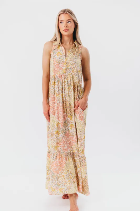 Sandy Sleeveless Collared Maxi Dress in Dusty Peach/Rust Multiprint sold by Worth Collective