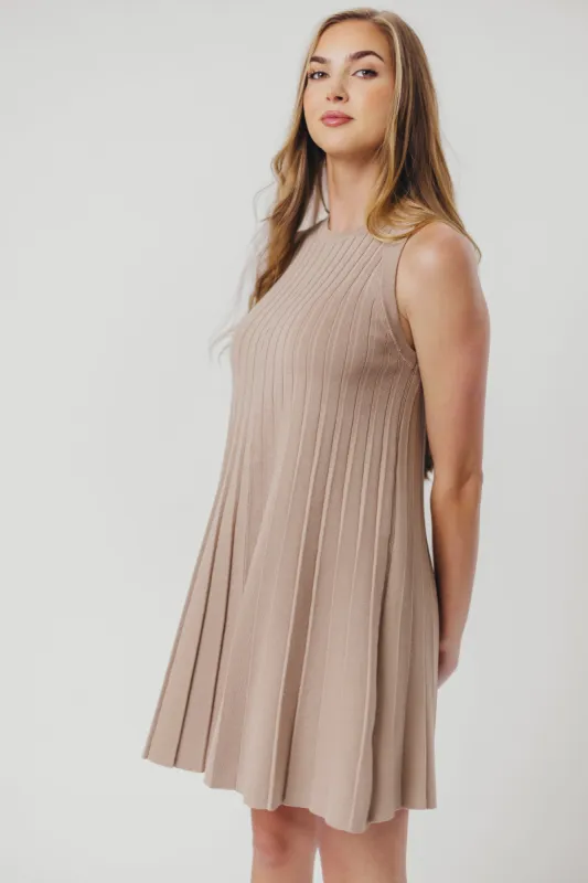 Stephanie Ribbed Knit Mini Dress with Pleats in Taupe sold by Worth Collective