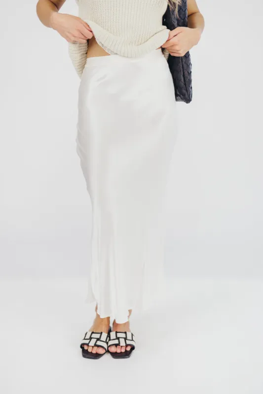 Kimberley Satin Long Midi Skirt in Champagne sold by Worth Collective