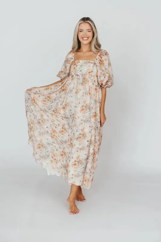 Mona Maxi Dress with Smocking in Beige Multi - Bump Friendly & Inclusive Sizing (S-3XL) sold by Worth Collective