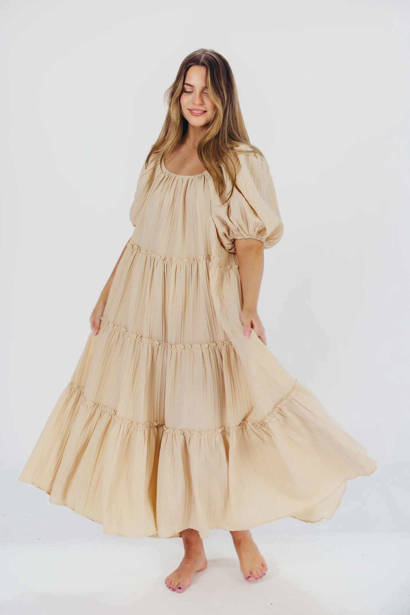 Eva Puffed Sleeve Max Dress in Taupe - Bump Friendly & Inclusive Sizing (S-3XL) sold by Worth Collective