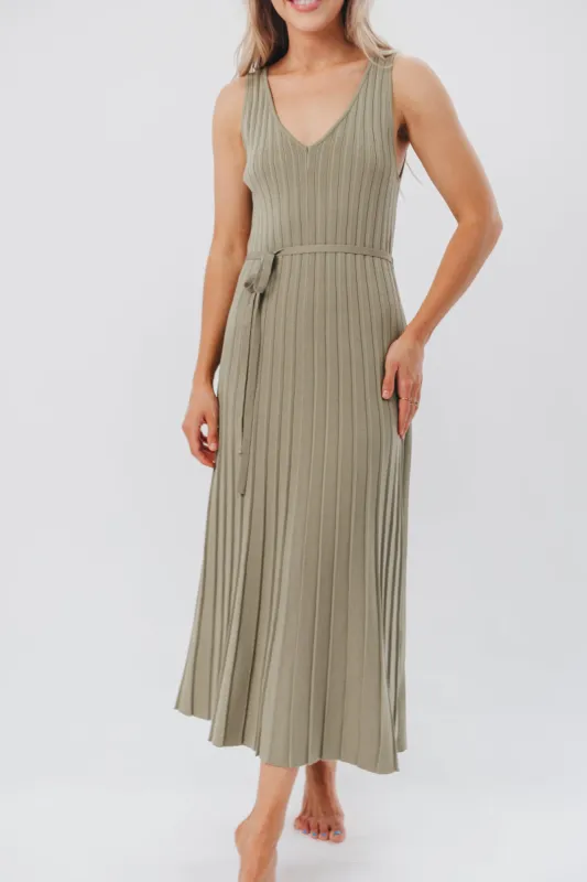Marissa Knit Maxi Dress with Pleated Skirt and Tie Waist in Light Olive sold by Worth Collective