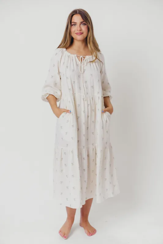 Avery Tiered Linen-Blend Midi Dress in Soy/Sage Foliage - Bump Friendly and Inclusive Sizing *Final-Sale* sold by Worth Collective
