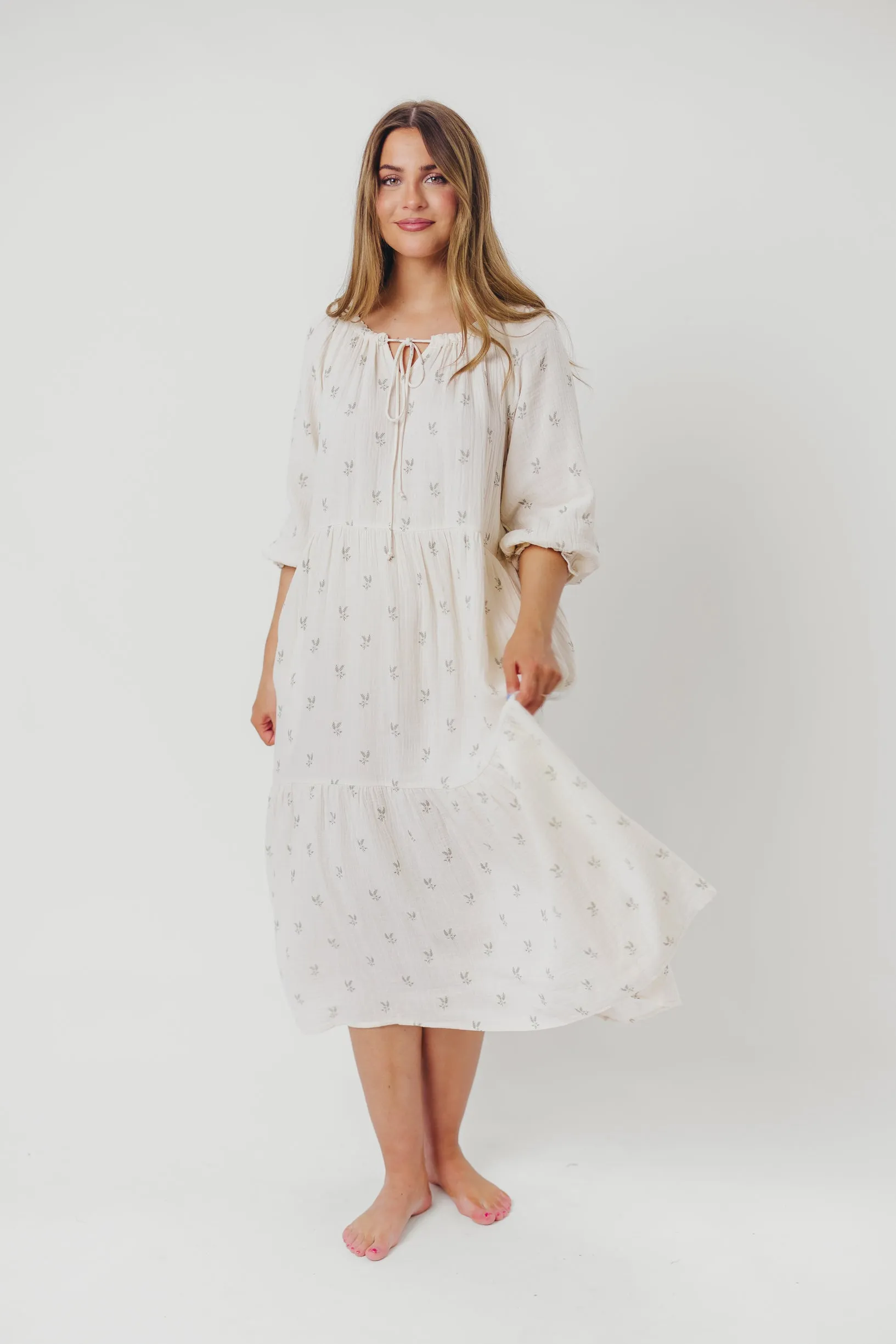 Avery Tiered Linen-Blend Midi Dress in Soy/Sage Foliage - Bump Friendly and Inclusive Sizing *Final-Sale* sold by Worth Collective product image thumbnail 3