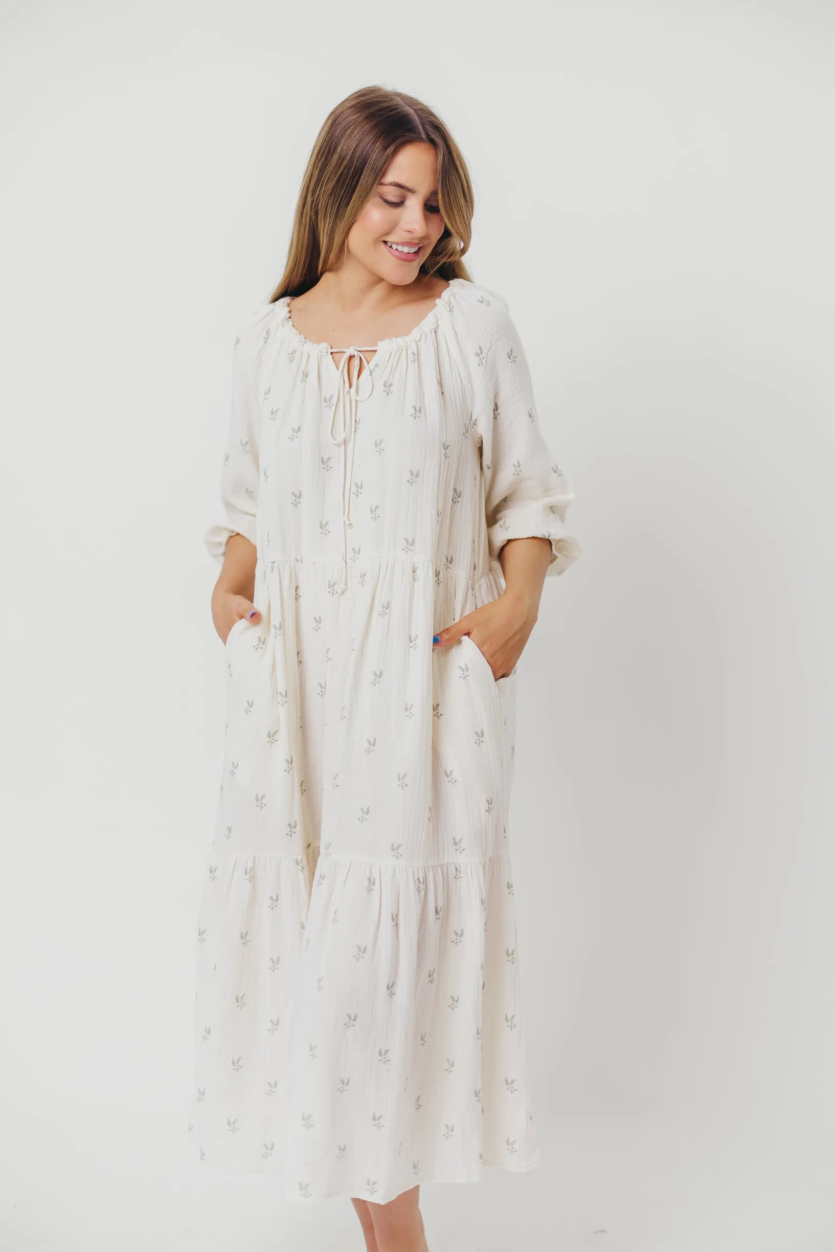 Avery Tiered Linen-Blend Midi Dress in Soy/Sage Foliage - Bump Friendly and Inclusive Sizing *Final-Sale* sold by Worth Collective product image thumbnail 5