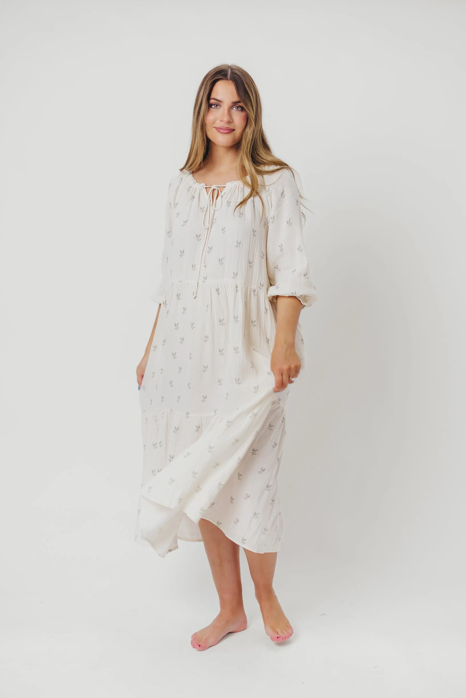 Avery Tiered Linen-Blend Midi Dress in Soy/Sage Foliage - Bump Friendly and Inclusive Sizing *Final-Sale* sold by Worth Collective product image thumbnail 2