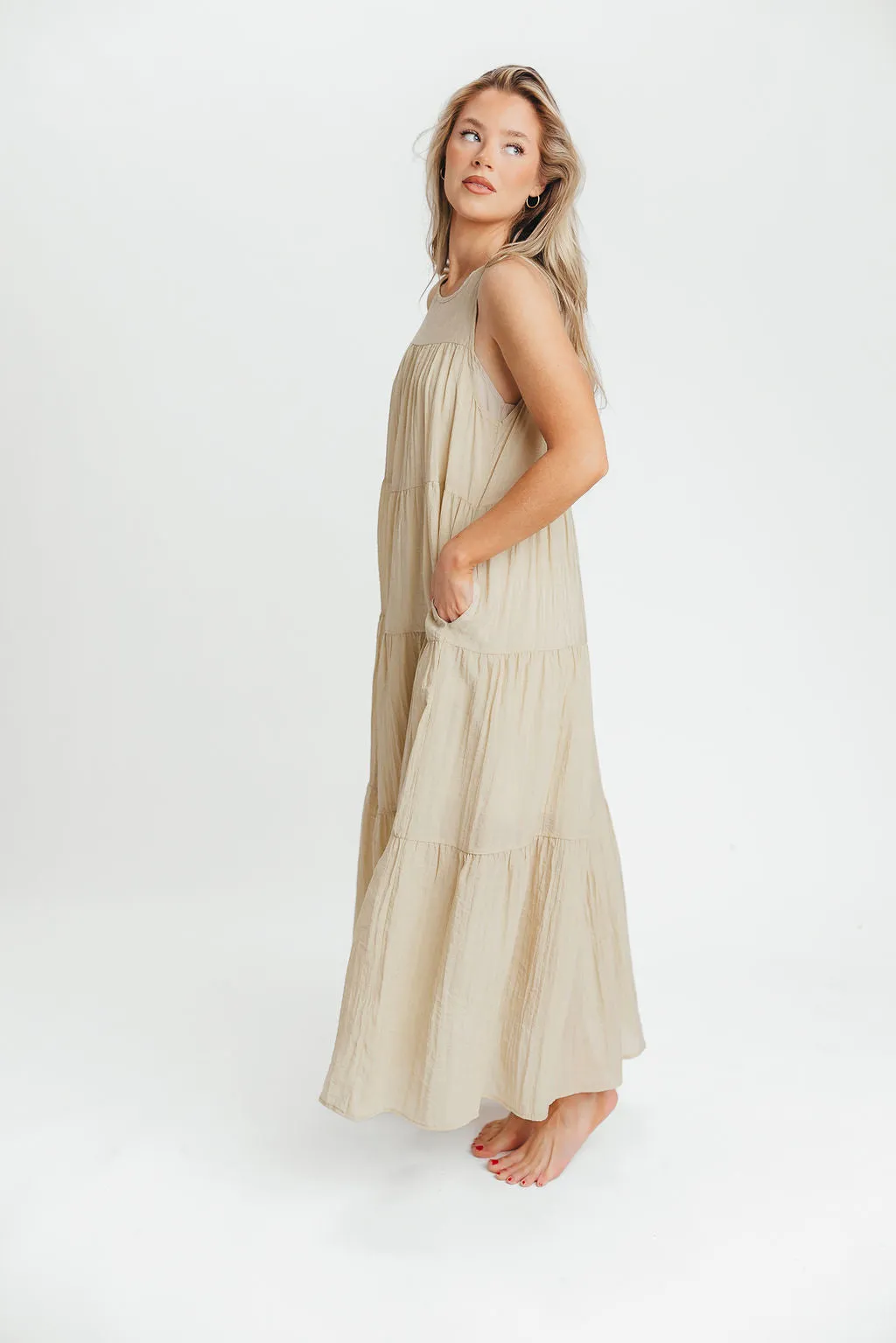 Lelia Tiered Tank Maxi Dress in Taupe - Bump Friendly sold by Worth Collective product image thumbnail 5