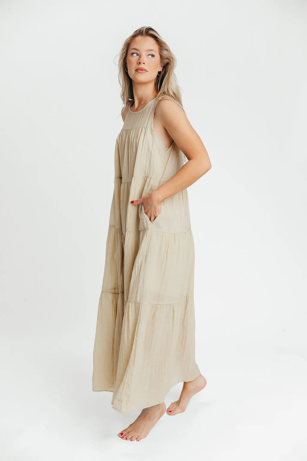 Lelia Tiered Tank Maxi Dress in Taupe - Bump Friendly sold by Worth Collective product image thumbnail 4