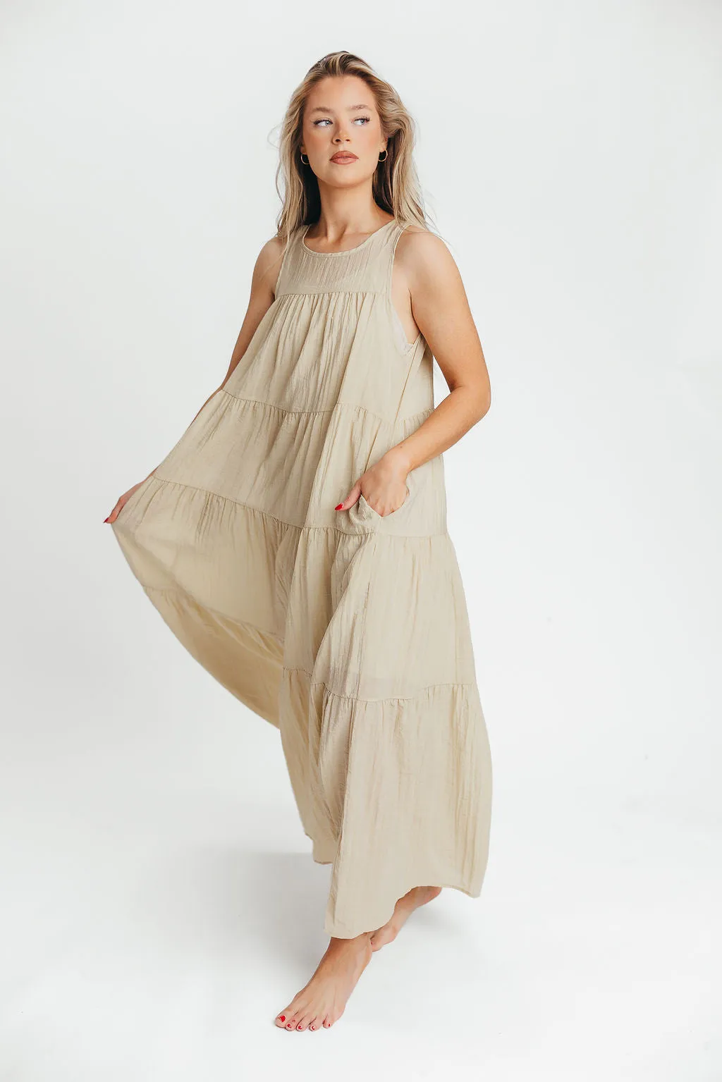 Lelia Tiered Tank Maxi Dress in Taupe - Bump Friendly sold by Worth Collective