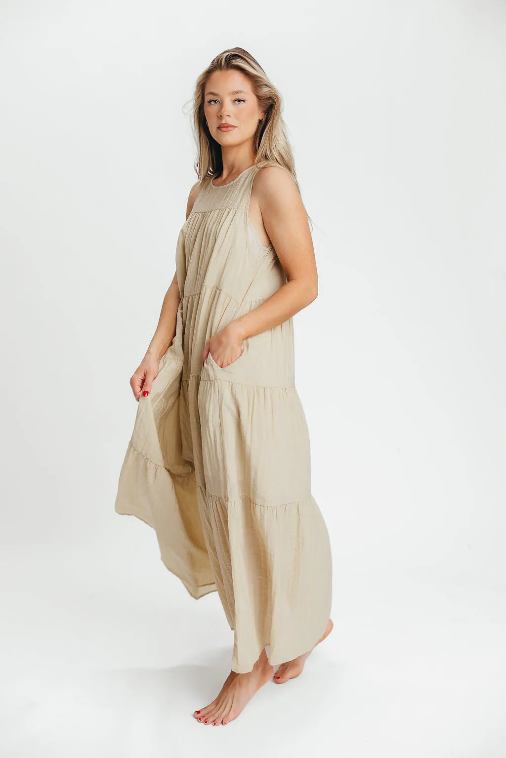 Lelia Tiered Tank Maxi Dress in Taupe - Bump Friendly sold by Worth Collective product image thumbnail 3