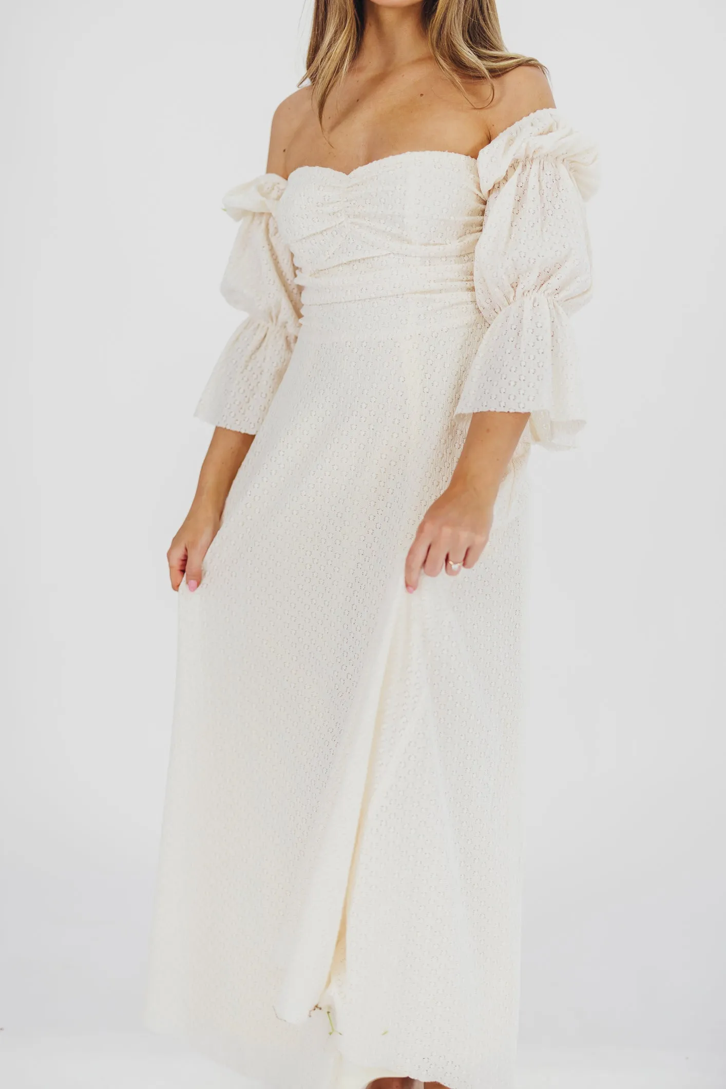 Corrine Tiered Sleeve Maxi Dress in Ivory Cream sold by Worth Collective