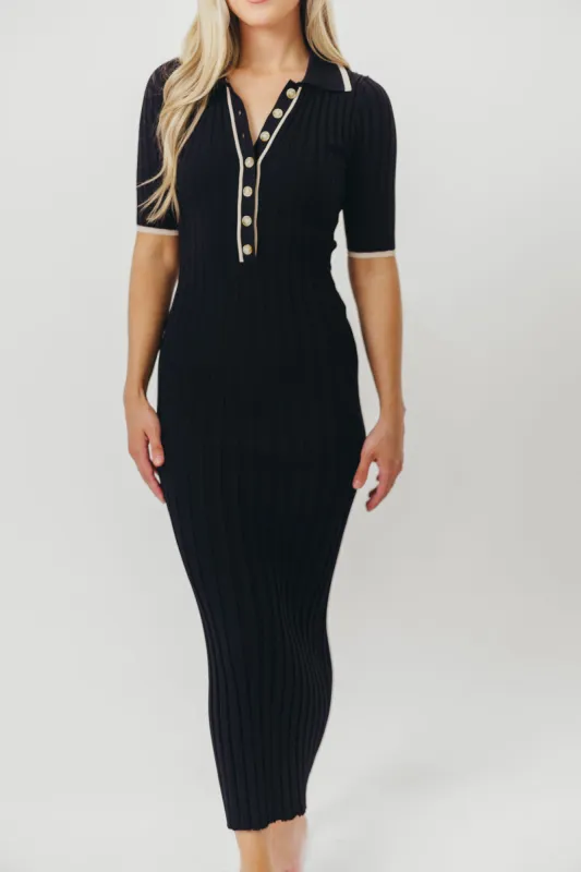 Addie Ribbed Button-Down Maxi Dress in Black - Nursing and Bump Friendly sold by Worth Collective