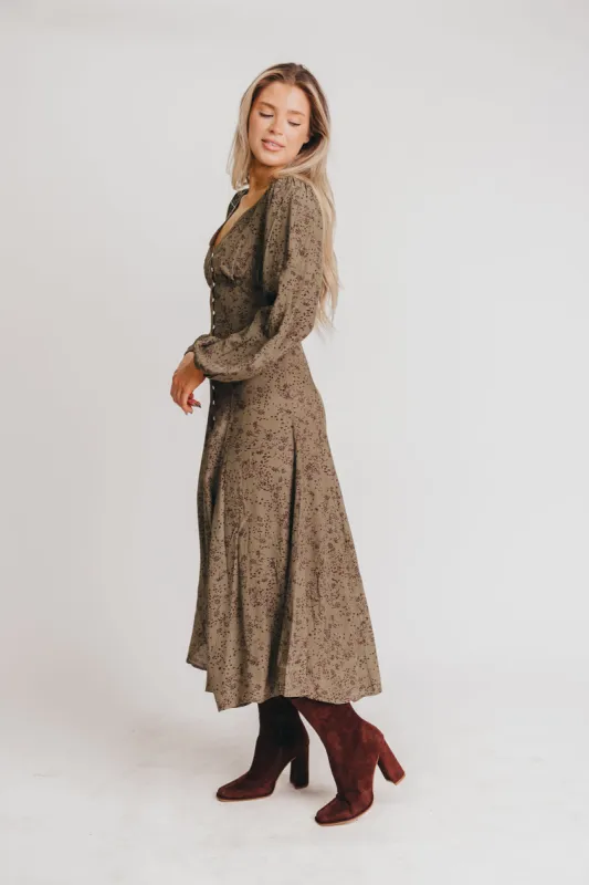 Brandi Long-Sleeve Button-Up Maxi Dress in Olive Floral sold by Worth Collective