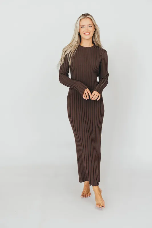 Colette Premium Long Sleeved Ribbed Knit Maxi Dress in Brown - Bump Friendly sold by Worth Collective