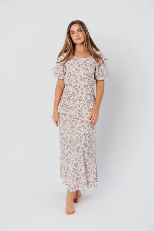 Lucia Bias-Cut Maxi Dress with Puffed Sleeves in Lilac Cream sold by Worth Collective