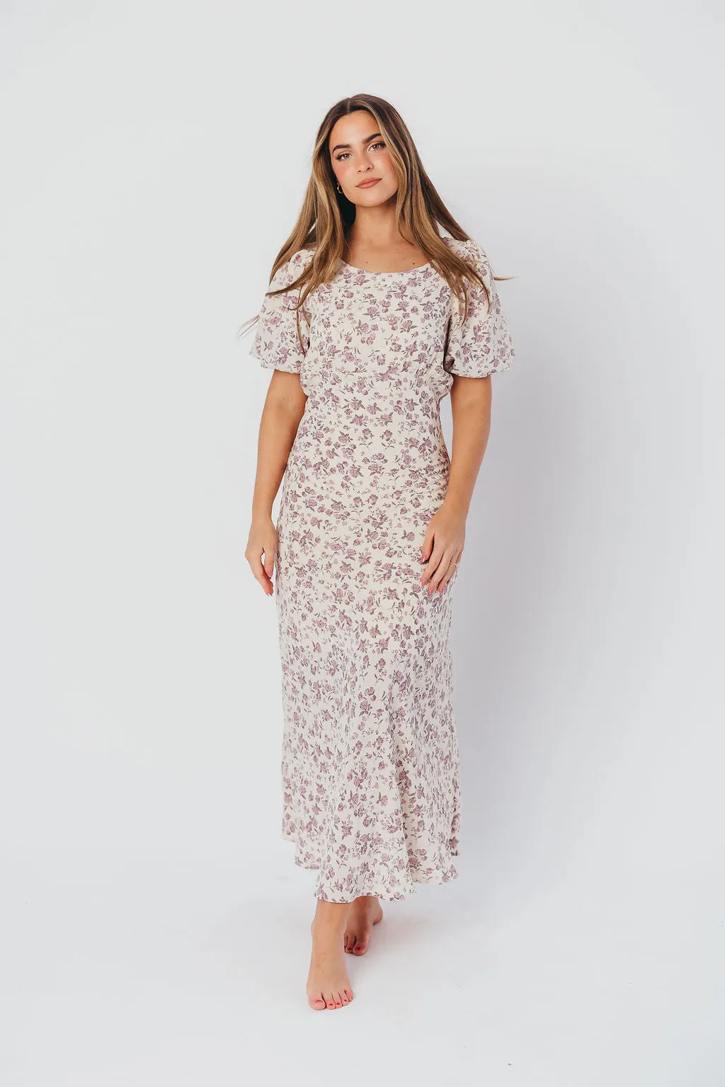 Lucia Bias-Cut Maxi Dress with Puffed Sleeves in Lilac Cream sold by Worth Collective