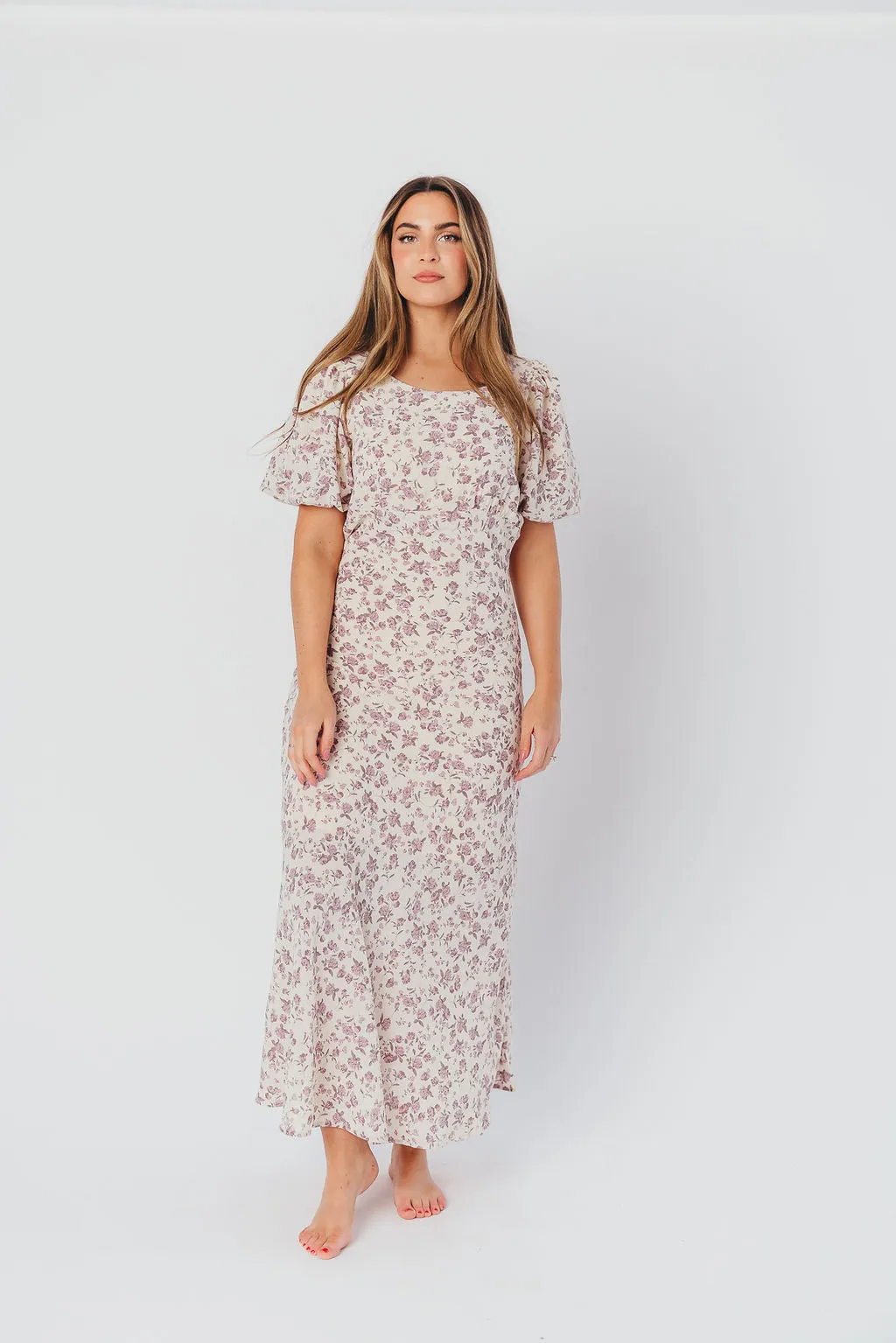 Lucia Bias-Cut Maxi Dress with Puffed Sleeves in Lilac Cream sold by Worth Collective product image thumbnail 3