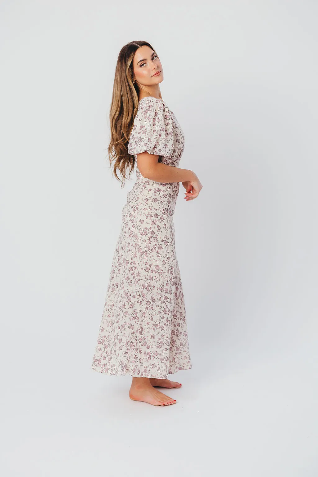 Lucia Bias-Cut Maxi Dress with Puffed Sleeves in Lilac Cream sold by Worth Collective product image thumbnail 5