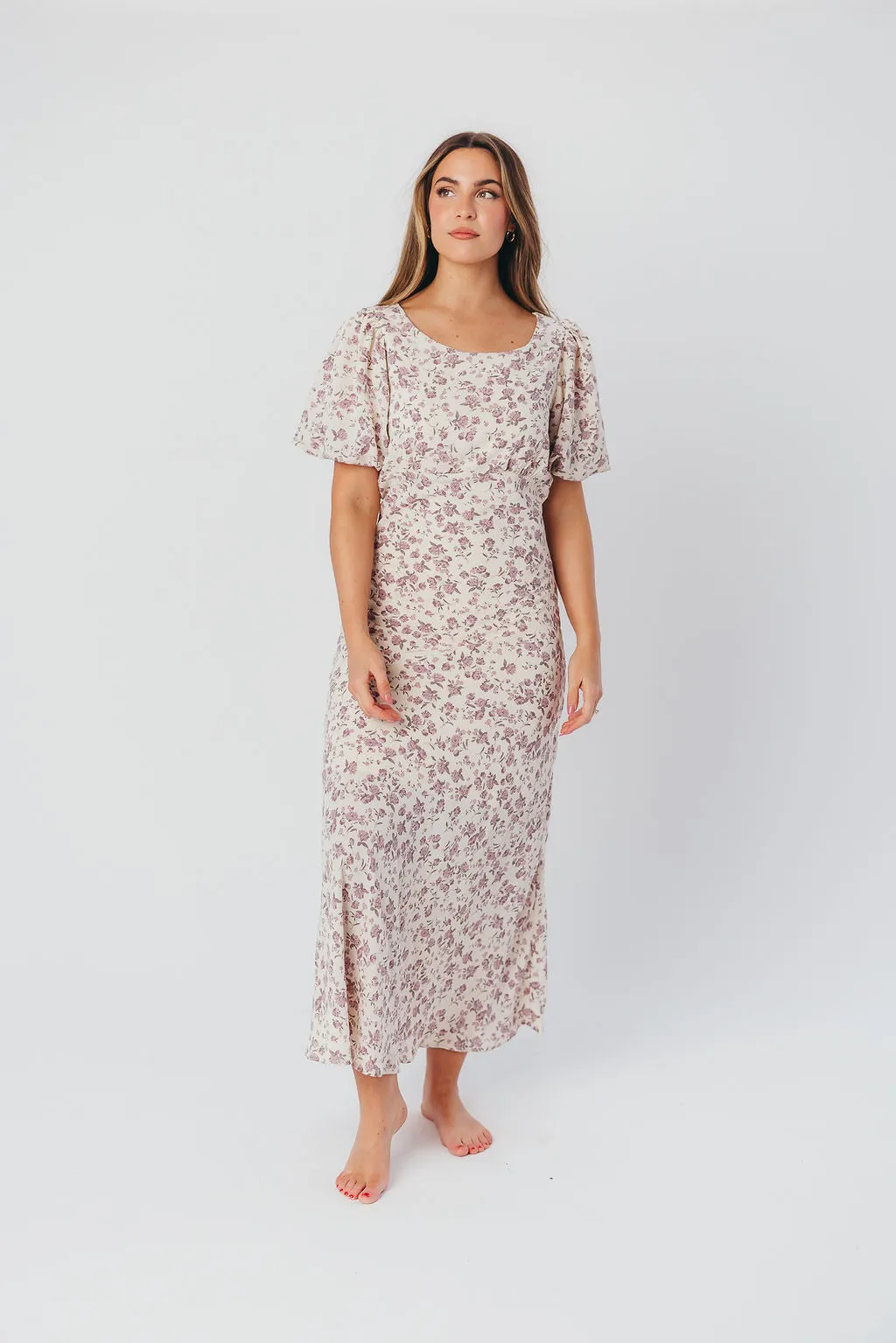 Lucia Bias-Cut Maxi Dress with Puffed Sleeves in Lilac Cream sold by Worth Collective product image thumbnail 4