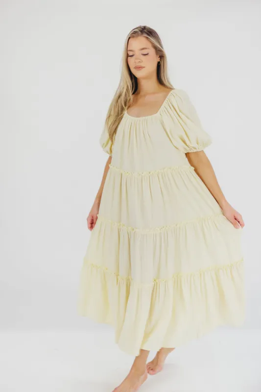 Eva Puffed Sleeve Maxi Dress in Pale Yellow - Bump Friendly & Inclusive Sizing (S-3XL) sold by Worth Collective
