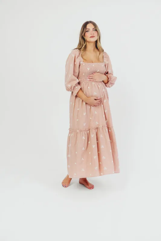 Naomi 3/4 Sleeve Embroidered Maxi Dress in Blush - Bump Friendly *Low Stock* sold by Worth Collective