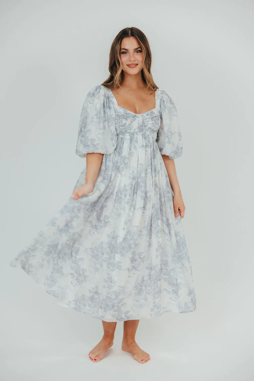 Harlow Maxi Dress in Light Blue Floral - Bump Friendly and Size Inclusive sold by Worth Collective