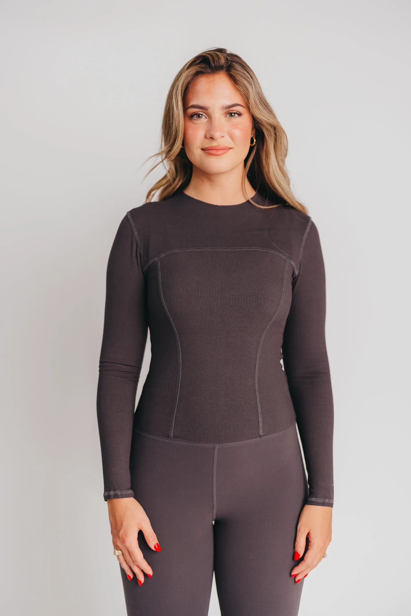 Worth the Label Long Sleeve Ribbed Seam Top in Charcoal sold by Worth Collective