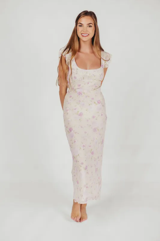Pisa Floral Chiffon Midi Dress with Ruffle Shoulder in Lemon sold by Worth Collective
