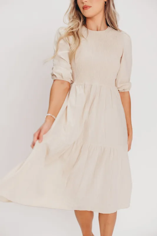Gabi Smocked Bodice Midi Dress in Ecru sold by Worth Collective