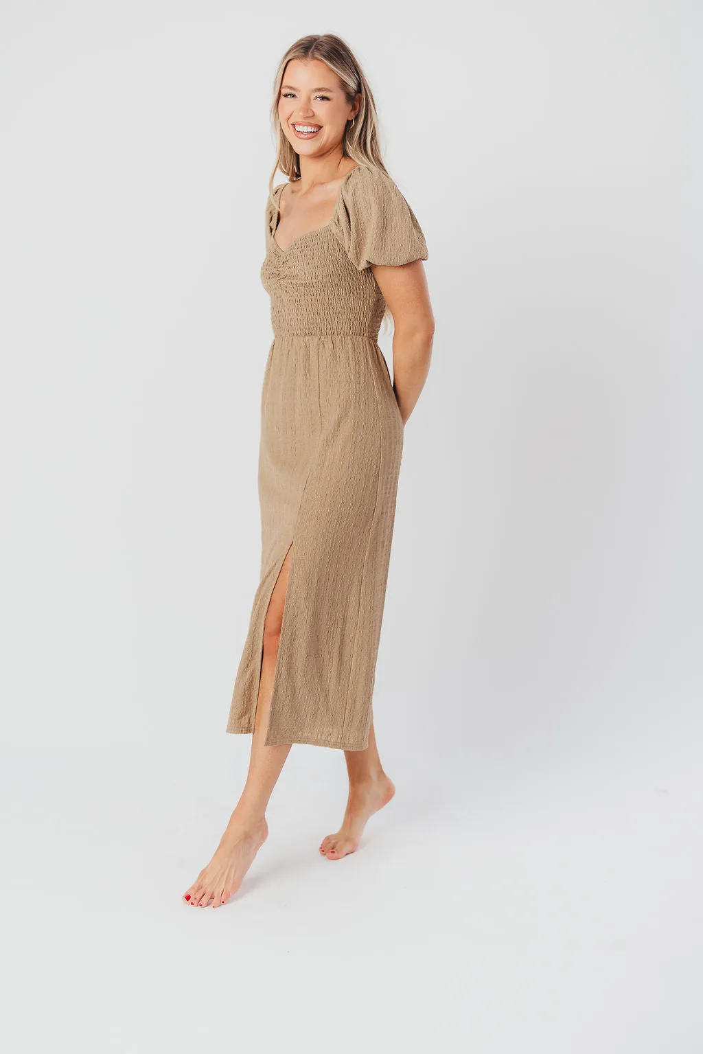 Maria Sweetheart Neckline Midi Dress in Taupe - Bump Friendly & Inclusive Sizing (S-3XL) sold by Worth Collective product image thumbnail 5