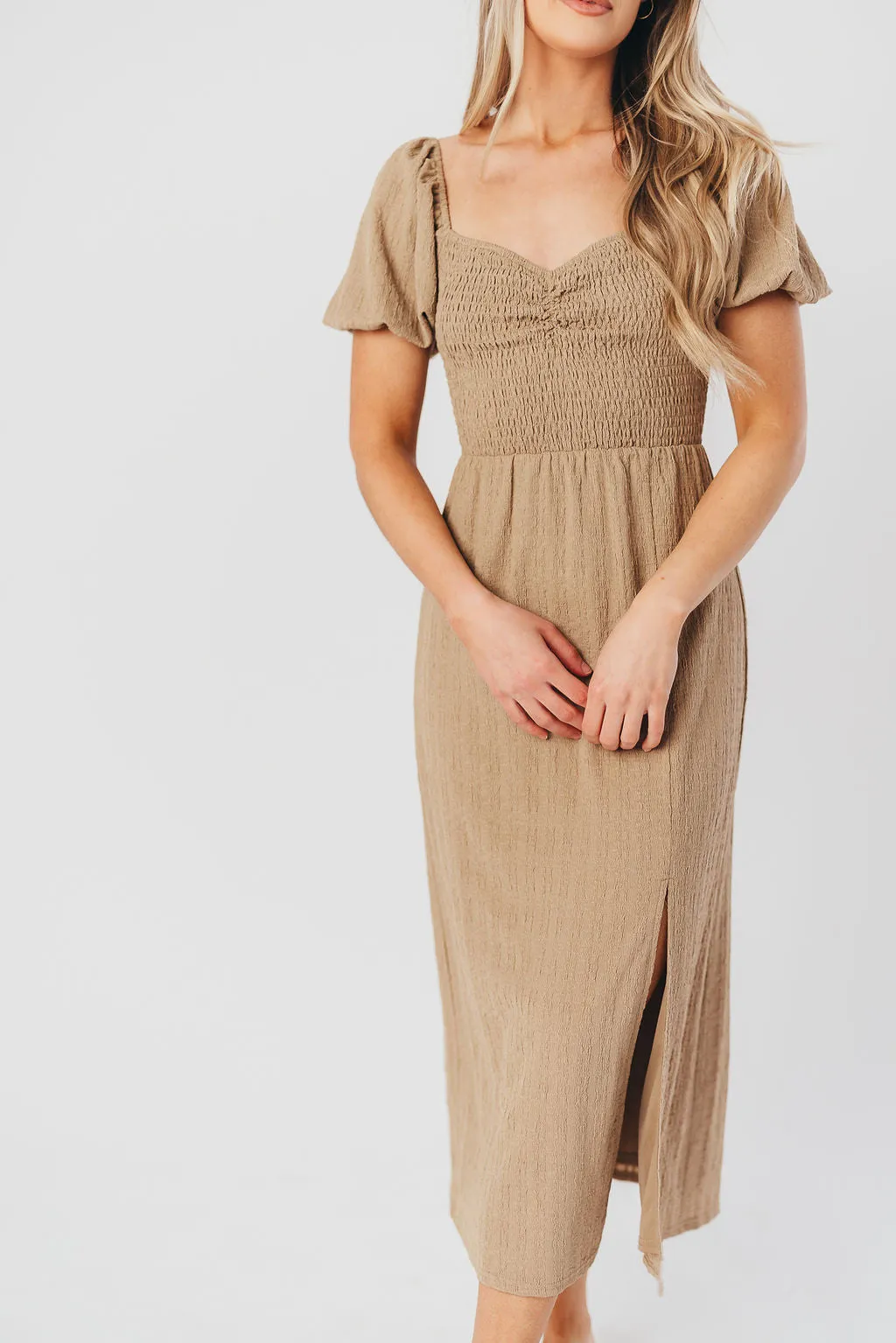 Maria Sweetheart Neckline Midi Dress in Taupe - Bump Friendly & Inclusive Sizing (S-3XL) sold by Worth Collective