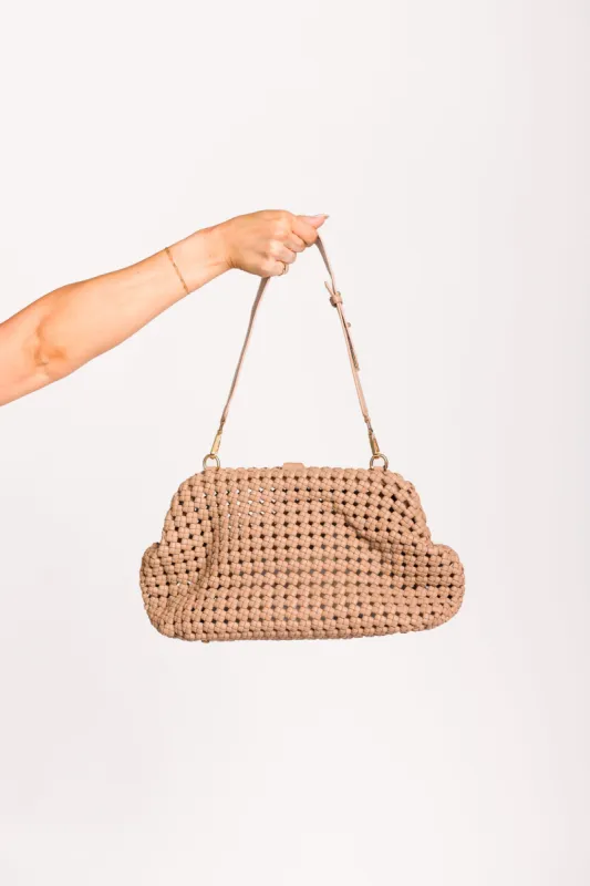 Large Braided Clutch with Strap in Taupe sold by Worth Collective