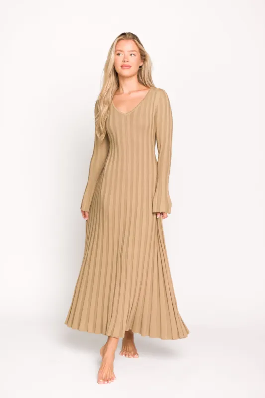 Hadley Long Sleeve V-Neck Knit Maxi Dress in Espresso sold by Worth Collective