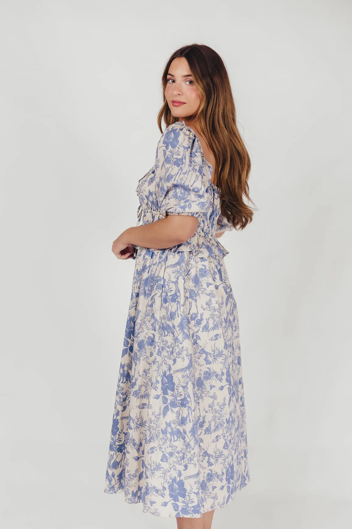 Annabelle Toile Print Midi Dress in Blue sold by Worth Collective product image thumbnail 3