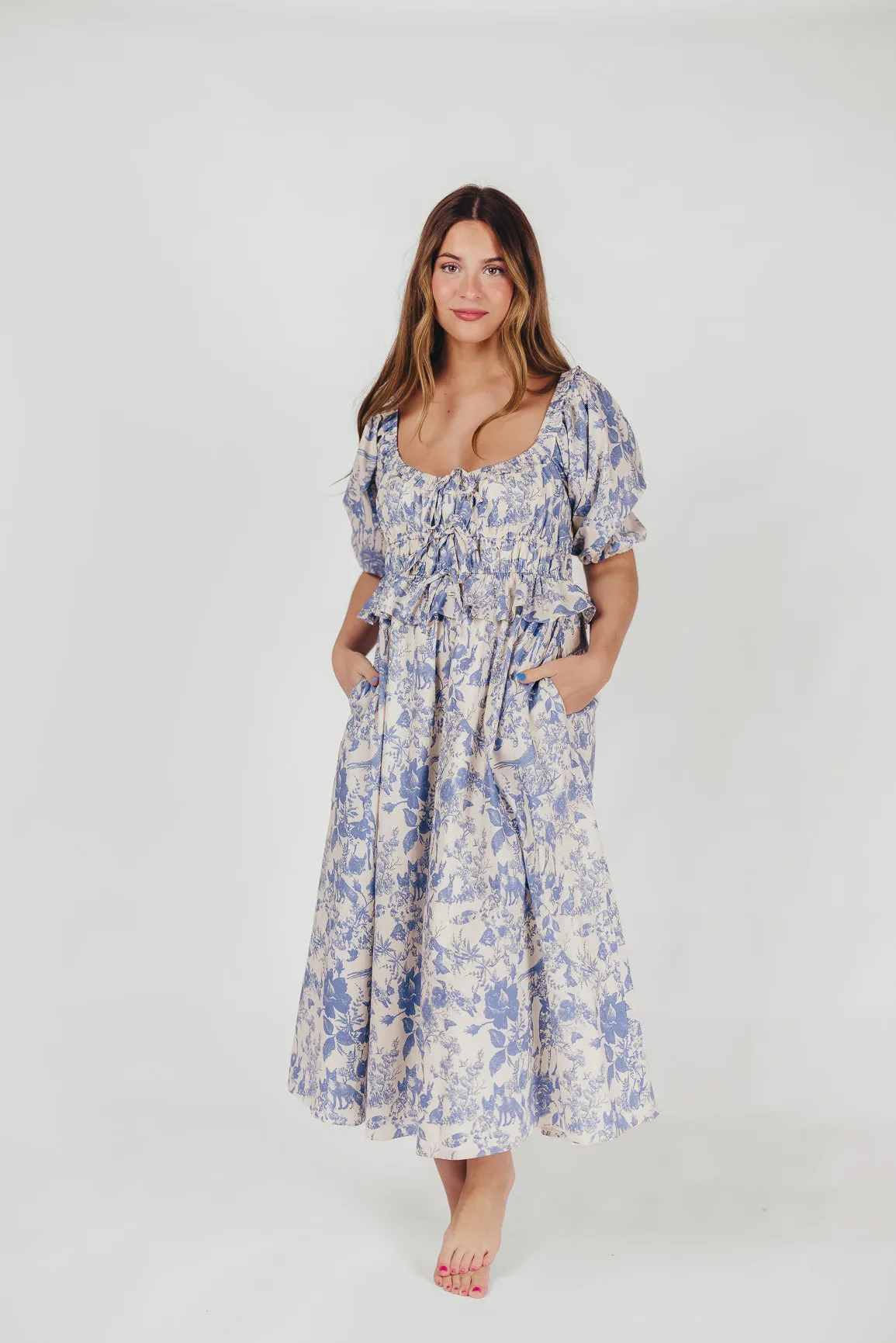 Annabelle Toile Print Midi Dress in Blue sold by Worth Collective