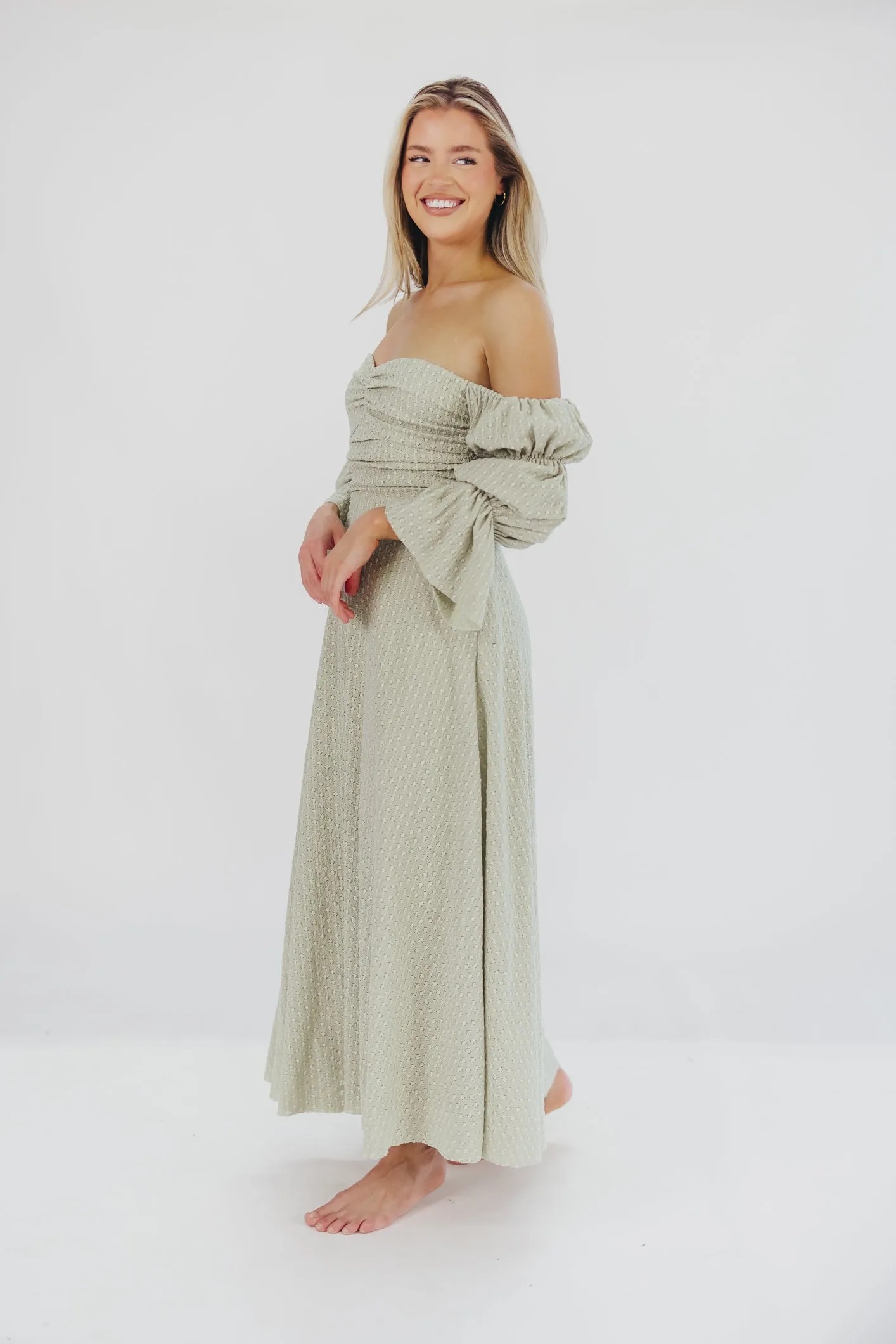 Corrine Tiered Sleeve Maxi Dress with Pockets in Light Olive Green - Bump Friendly sold by Worth Collective product image thumbnail 3