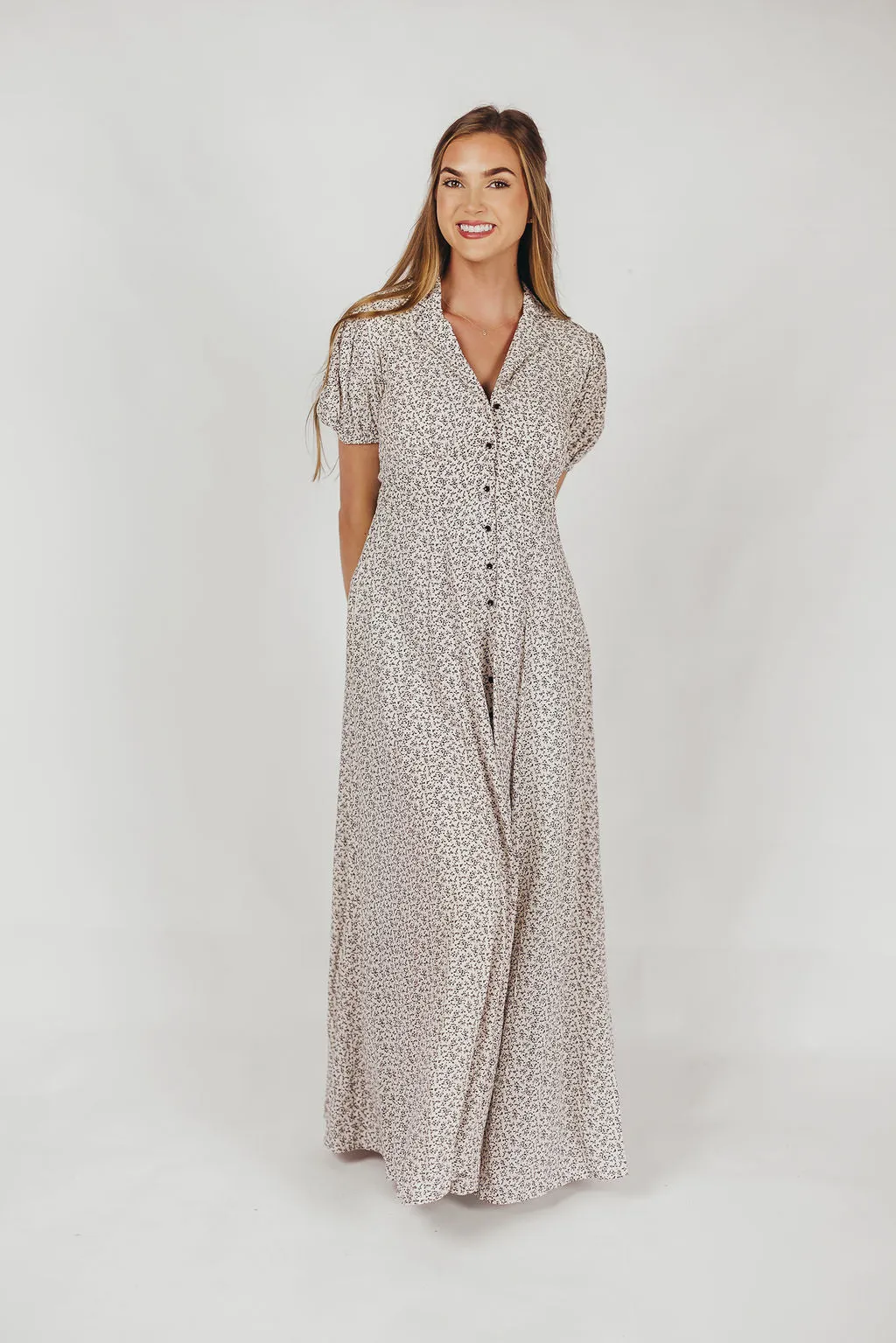 Mariah Collared Button-Down Maxi Dress in Creme Floral - Nursing Friendly sold by Worth Collective