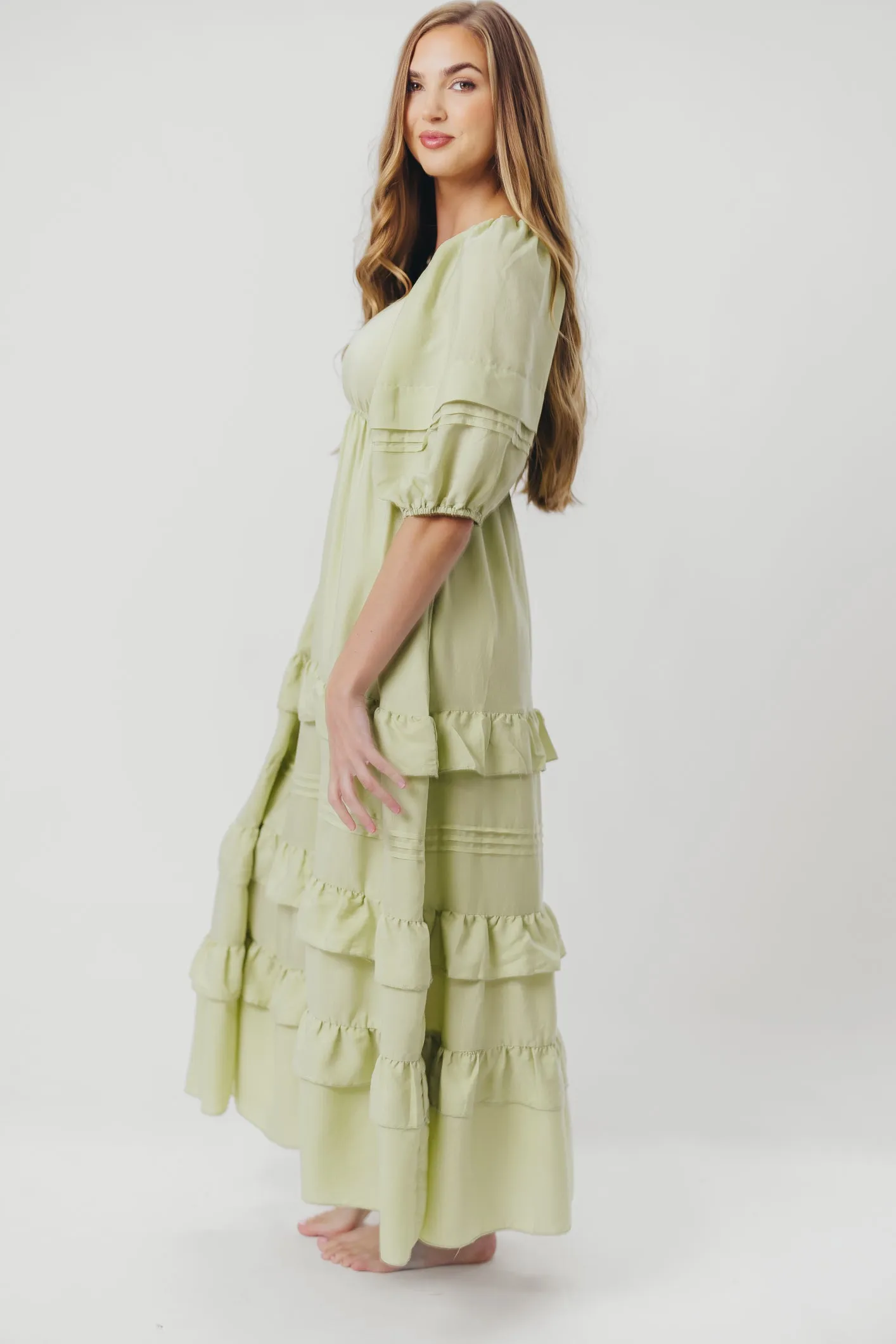 Carla Ruffle Tiered Maxi Dress with Square Neckline in Sage sold by Worth Collective product image thumbnail 5