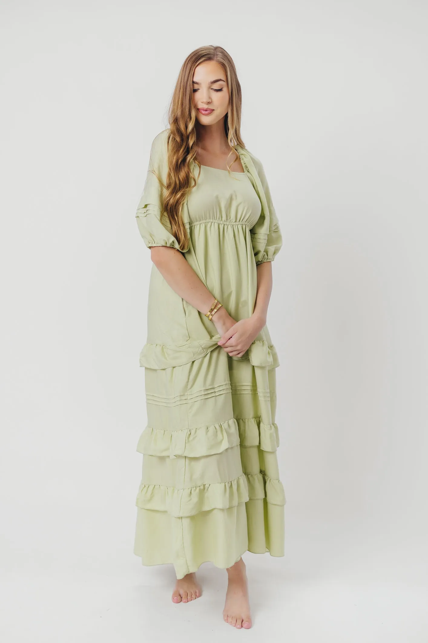 Carla Ruffle Tiered Maxi Dress with Square Neckline in Sage sold by Worth Collective product image thumbnail 3