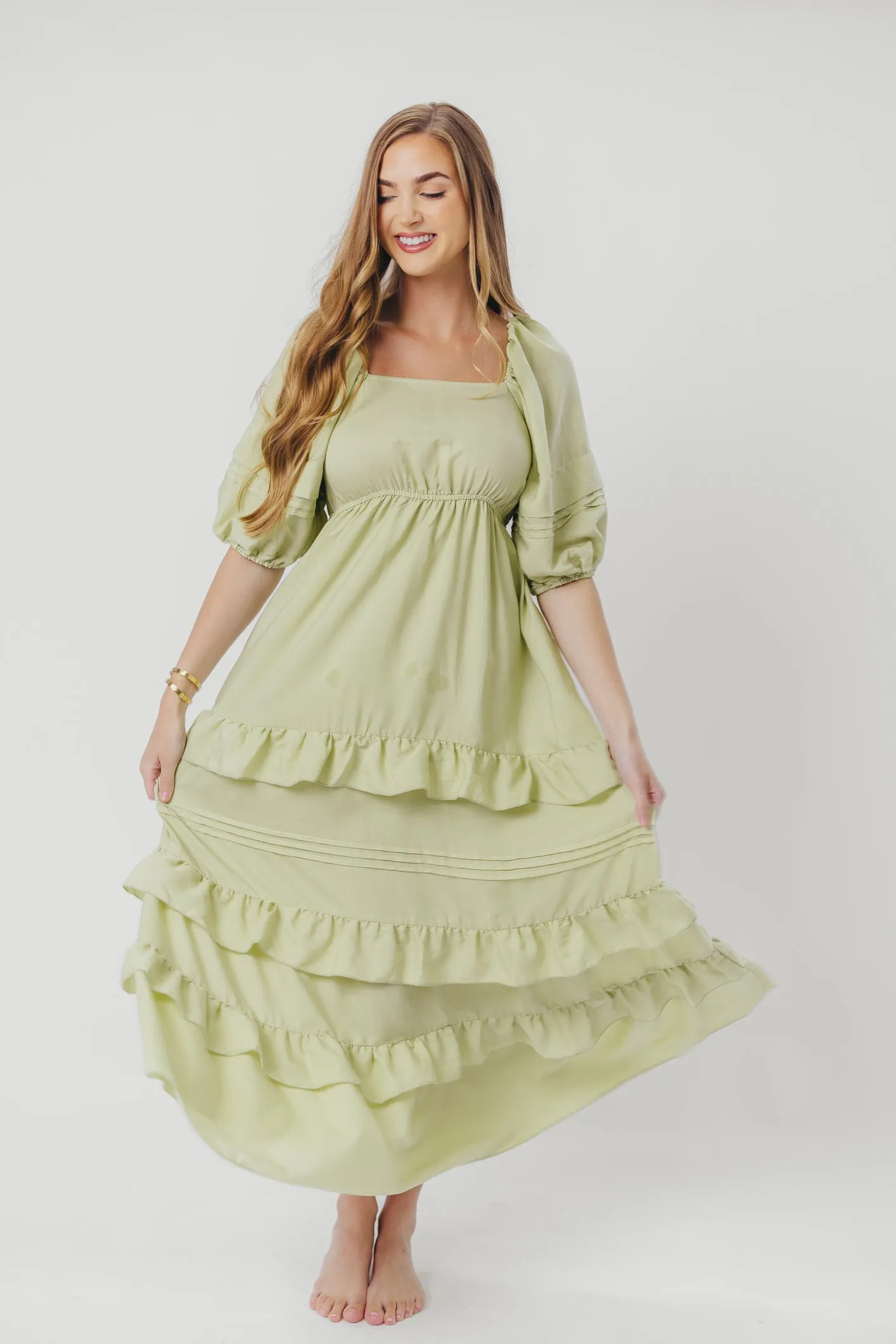 Carla Ruffle Tiered Maxi Dress with Square Neckline in Sage sold by Worth Collective
