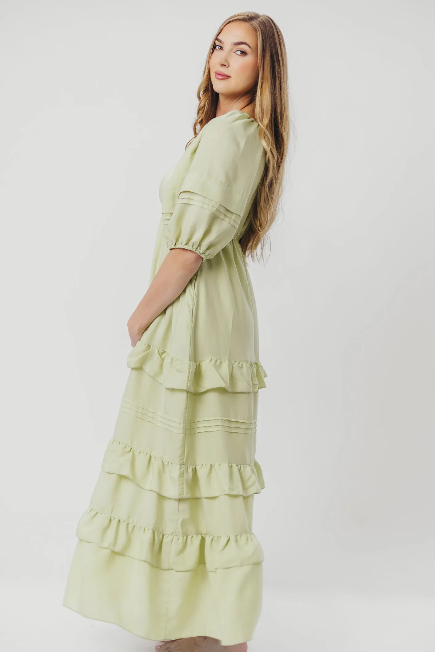 Carla Ruffle Tiered Maxi Dress with Square Neckline in Sage sold by Worth Collective product image thumbnail 4