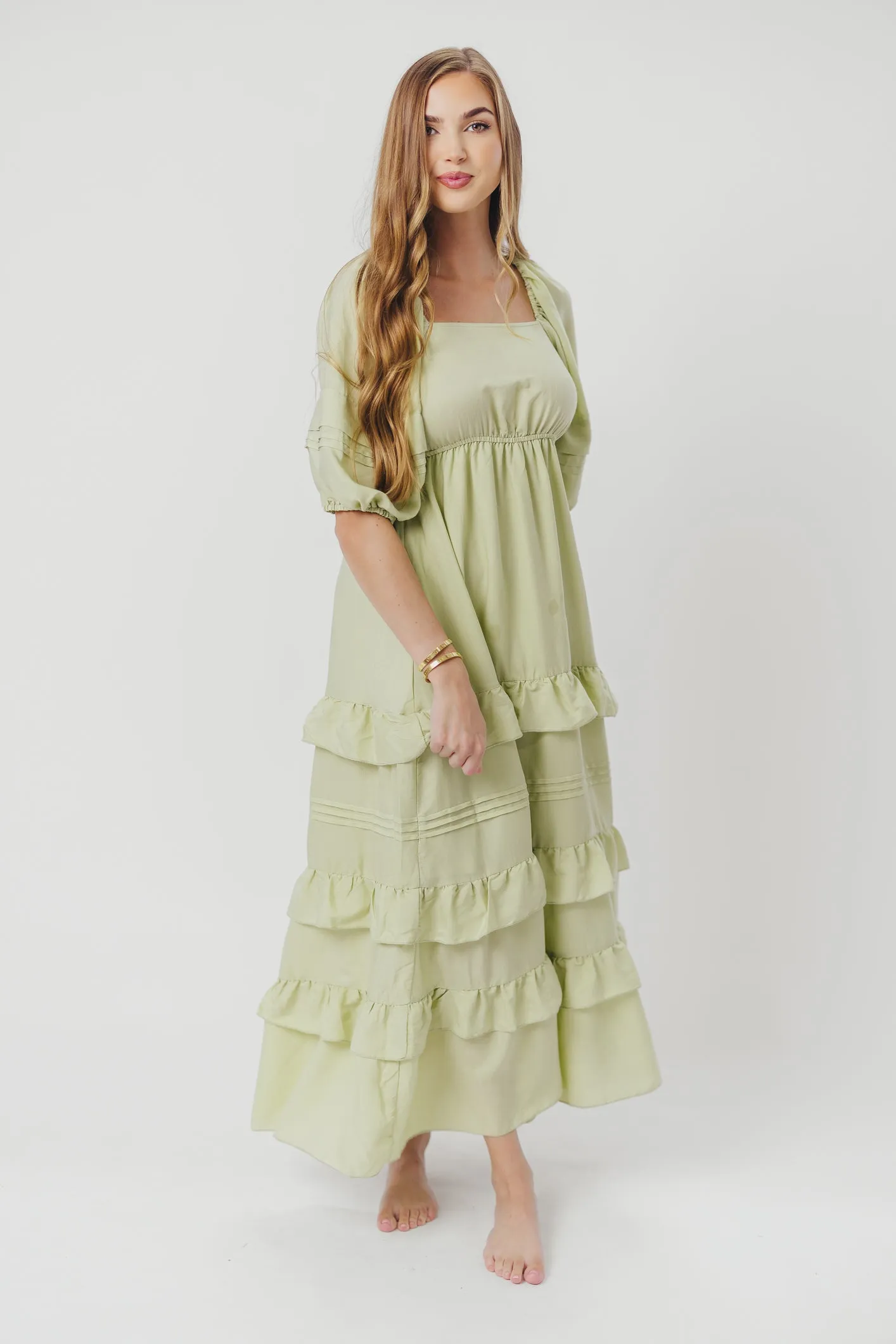 Carla Ruffle Tiered Maxi Dress with Square Neckline in Sage sold by Worth Collective product image thumbnail 2