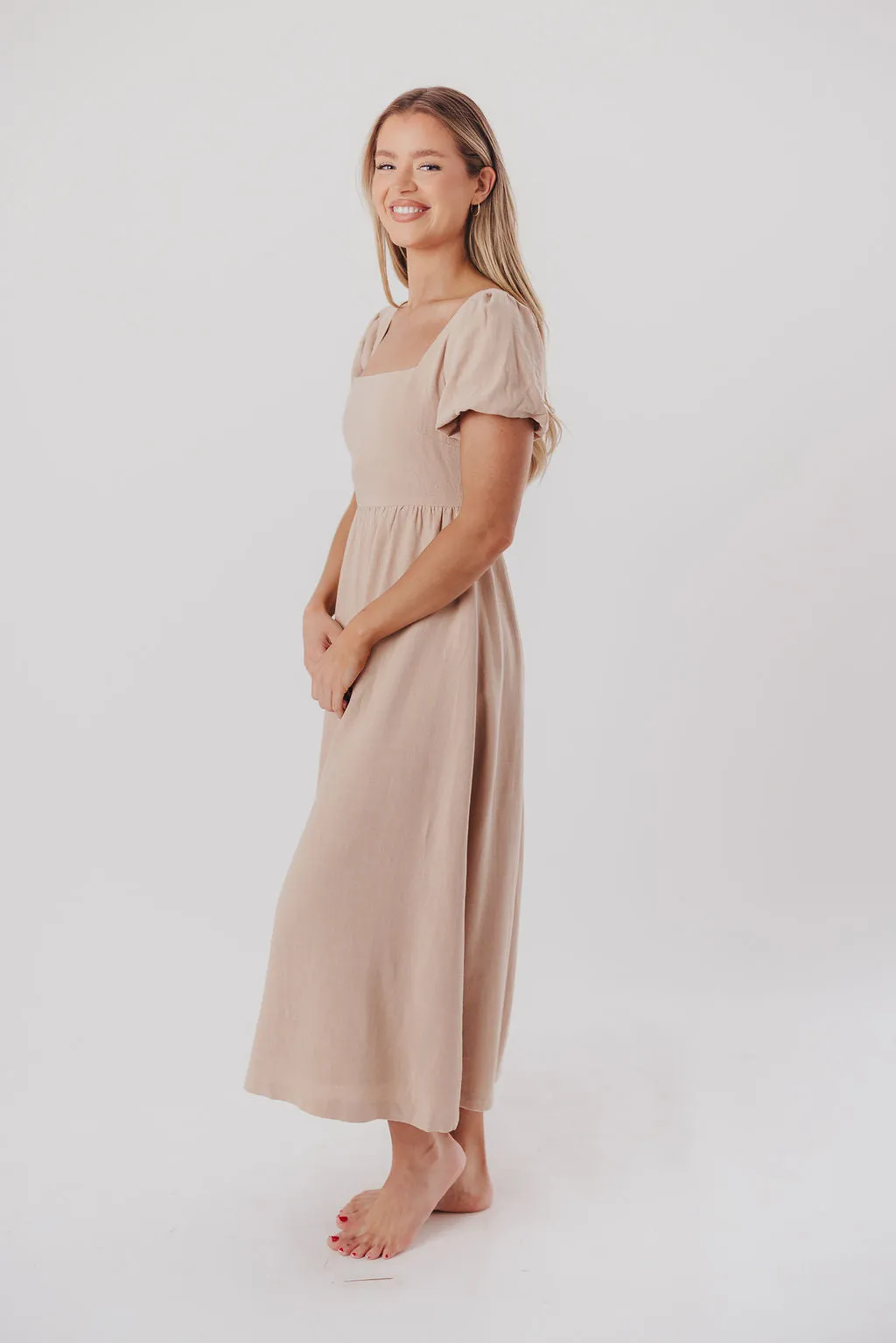 Ainsley Square Neck Midi Dress with Puffed Sleeves in Deep Taupe - Bump Friendly sold by Worth Collective