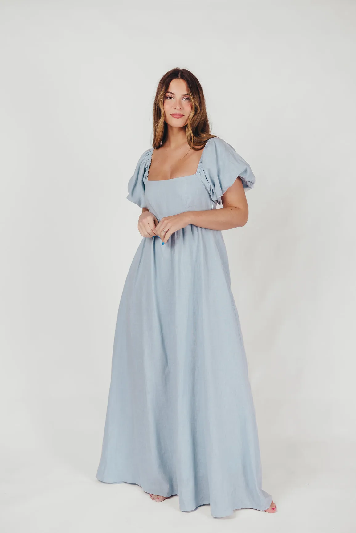 Candace Linen Maxi Dress in Light Blue - Bump Friendly sold by Worth Collective product image thumbnail 2