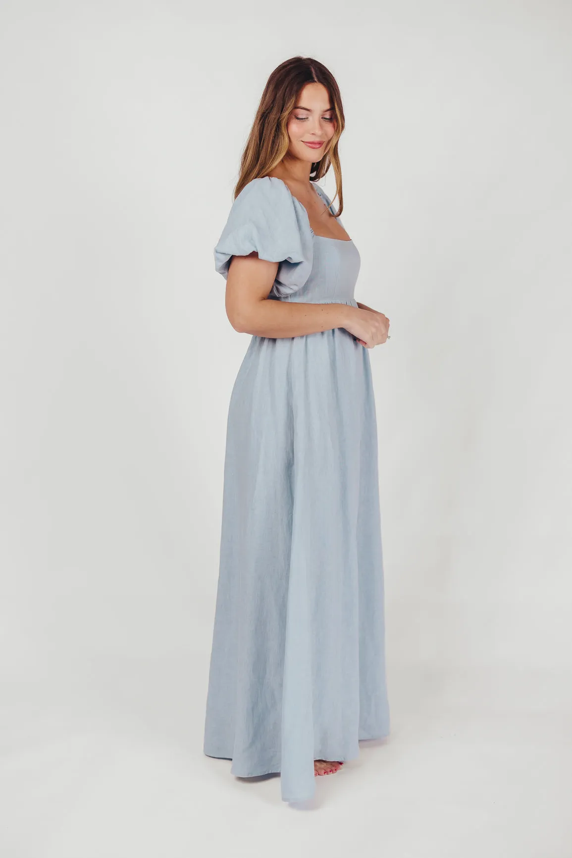 Candace Linen Maxi Dress in Light Blue - Bump Friendly sold by Worth Collective product image thumbnail 5