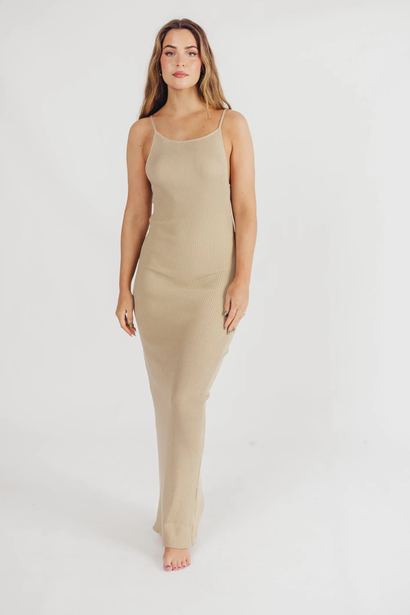 Mia Knit Maxi Dress with Boatneck Neckline in Beige sold by Worth Collective