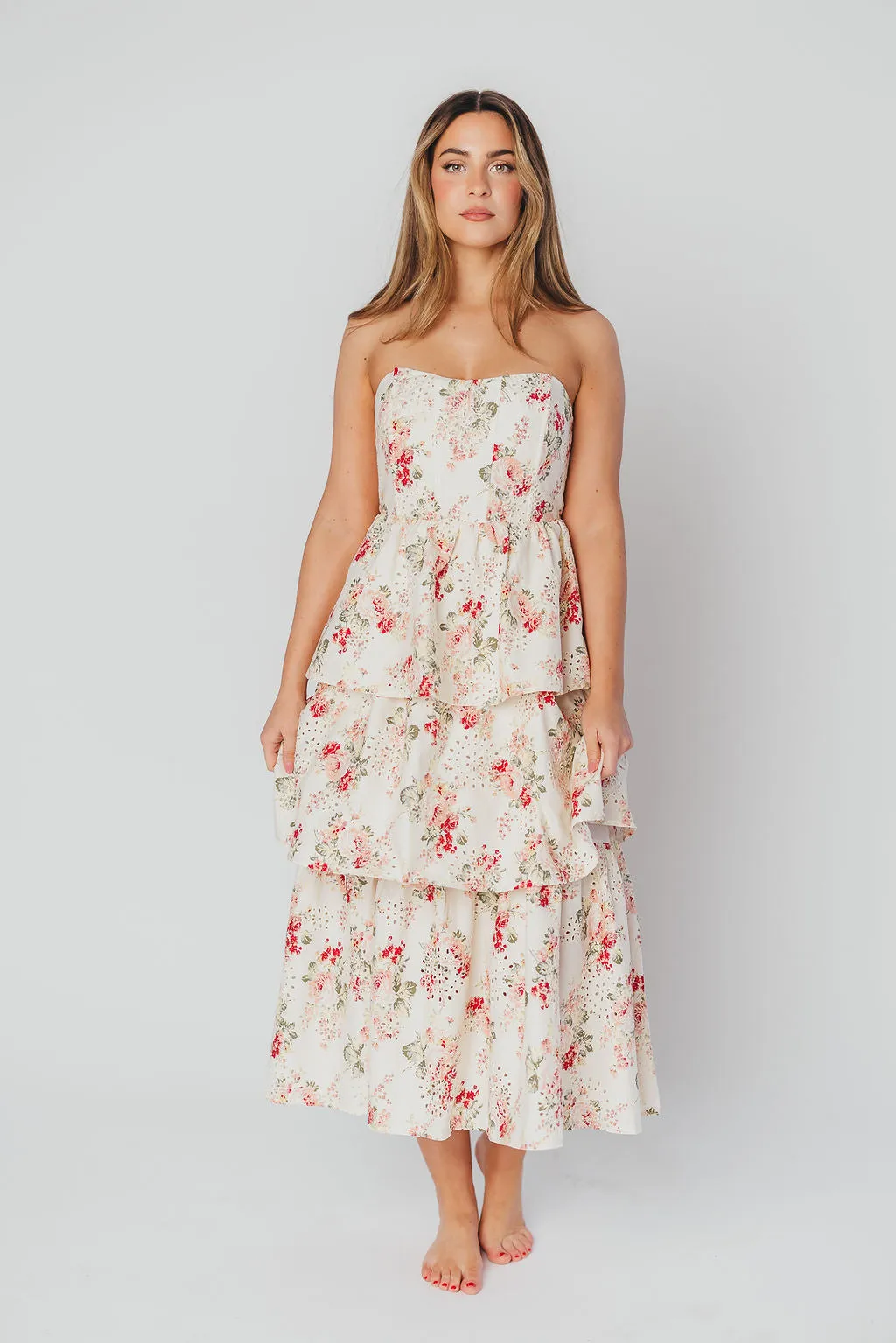 Britney Eyelet Midi Dress in Natural Floral sold by Worth Collective