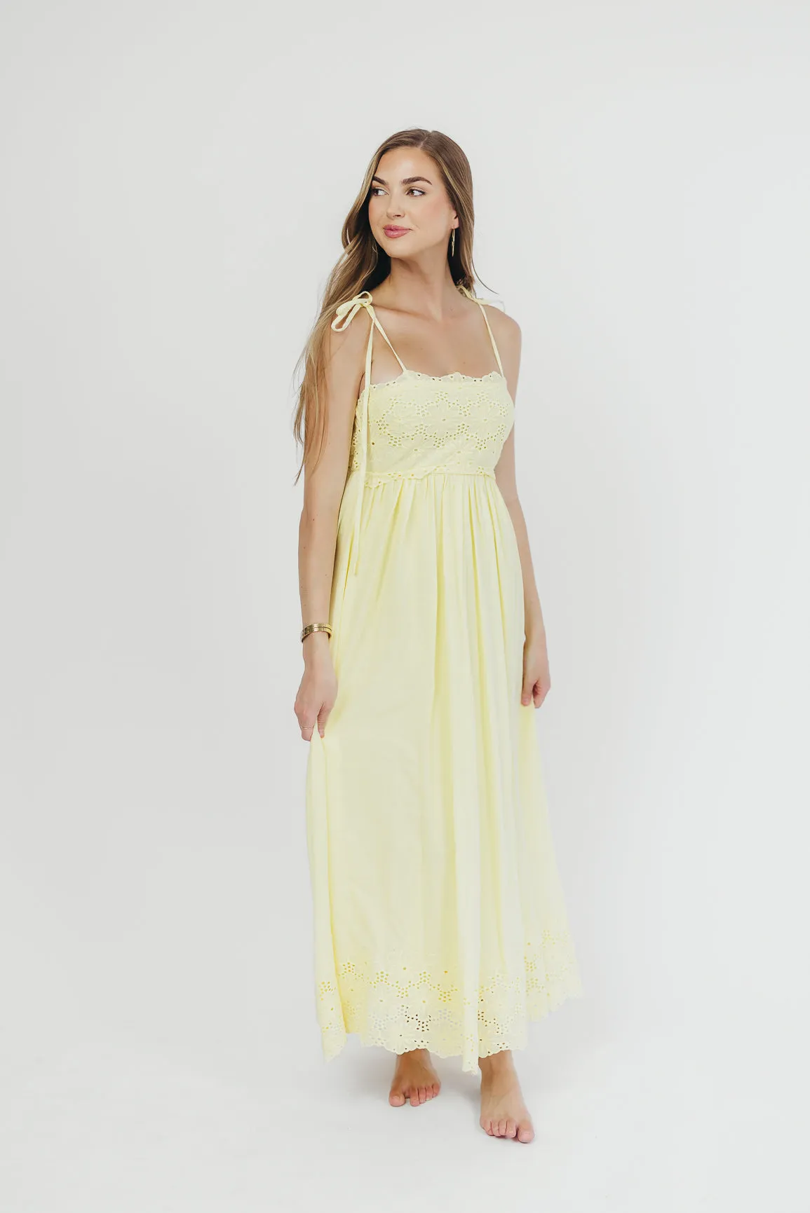 Sunny Days Scalloped Eyelet Lace Midi Dress in Yellow sold by Worth Collective product image thumbnail 5