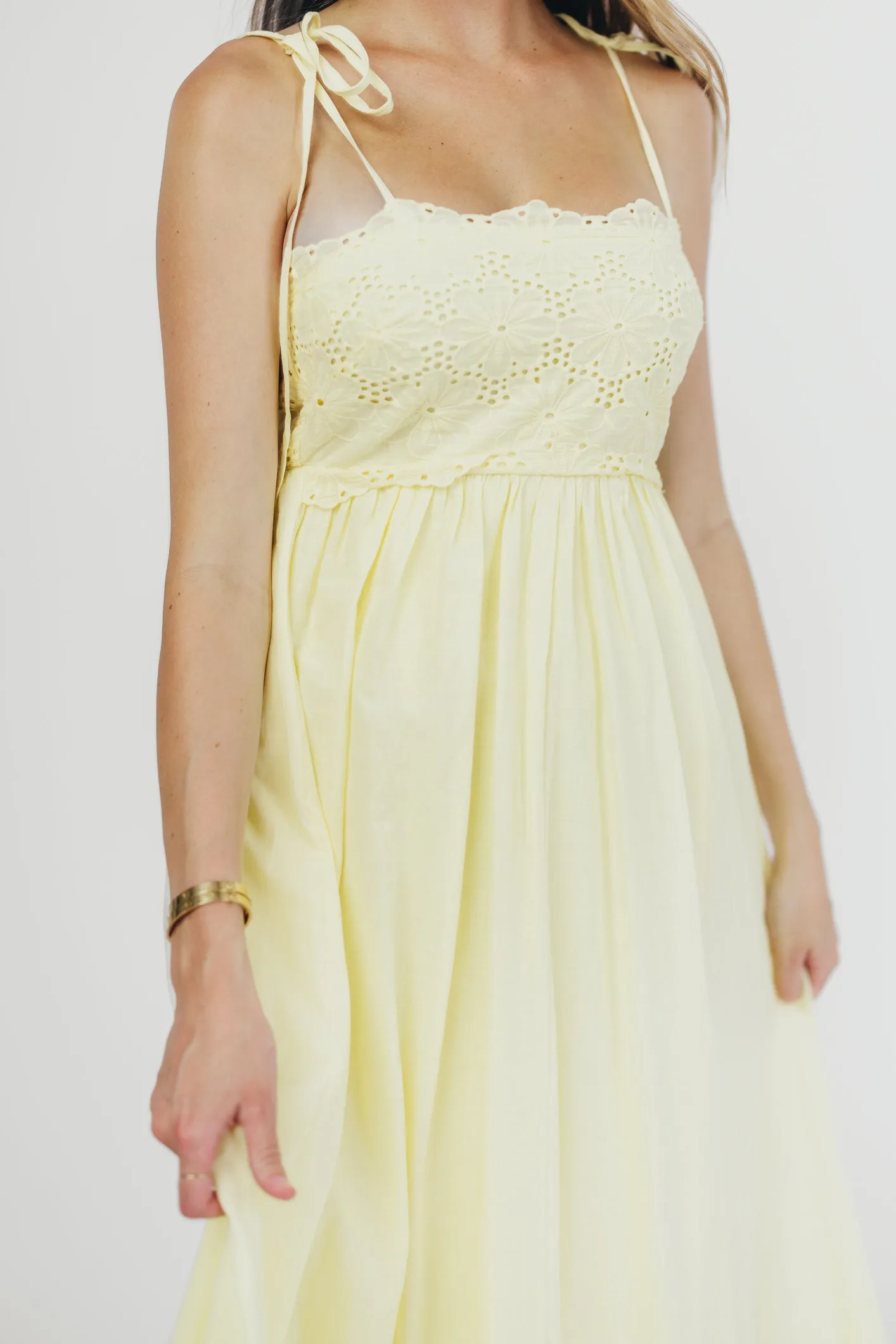 Sunny Days Scalloped Eyelet Lace Midi Dress in Yellow sold by Worth Collective product image thumbnail 2